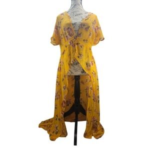 Belle‎ Tweed Yellow Floral Print High Low Maxi Dress Flutter Sleeve V Neck
